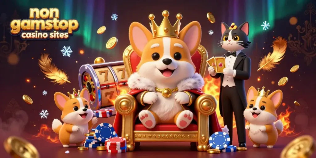 Engaging scene of royal corgi casino royalty showcasing non gamstop casino sites with golden card deck, slot reels, and sparkling coins.