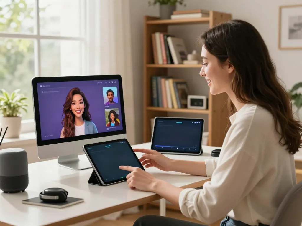Interactive girlfriend ai experience on a modern tablet in a cozy home office setting.