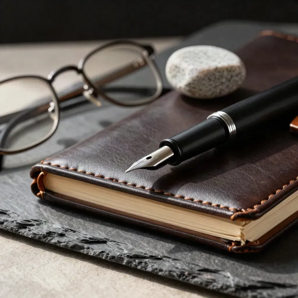 Carnet en cuir, stylo plume, lunettes pliées et presse-papier en pierre sur ardoise.