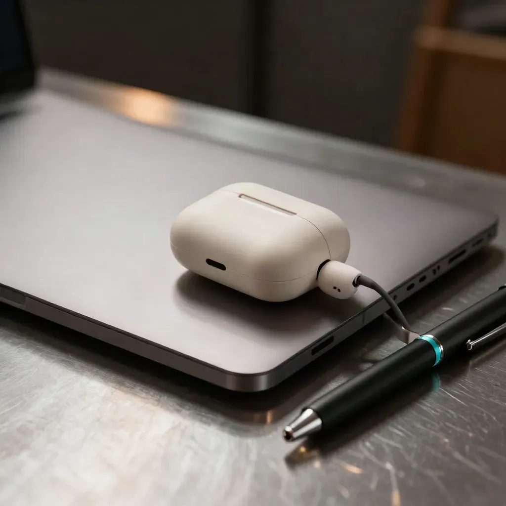 Ordinateur portable fermé, étui d’écouteurs, câble enroulé et stylo sur métal brossé, lumière chaude.